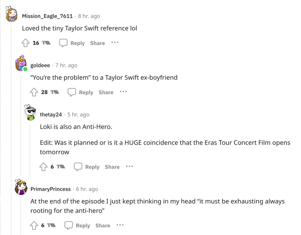 Reddit comments about Loki and Taylor Swift