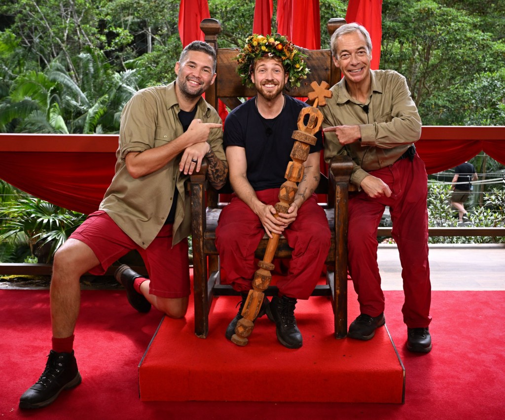 Editorial use only Mandatory Credit: Photo by James Gourley/ITV/Shutterstock (14251637cj) Sam Thompson is crowned King of the Jungle, with Nigel Farage (third) and Tony Bellew (runner-up) 'I'm a Celebrity... Get Me Out of Here!' TV Show, Series 23, Australia - 10 Dec 2023