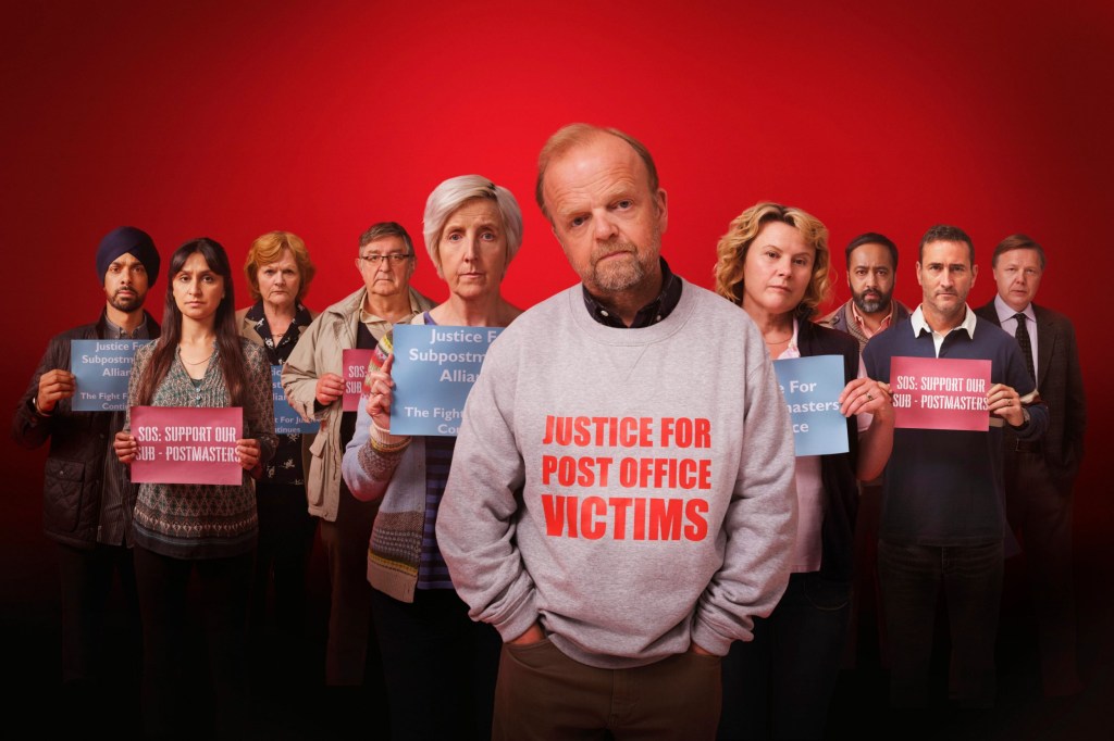 Editorial use only Mandatory Credit: Photo by ITV/Shutterstock (14264030j) Amit Shah as Jas, Krupa Pattani as Sam, Lesley Nicol as Pam, Ifan Huw Dafydd as Noel, Julie Hesmondhalgh as Suzanne, Toby Jones as Alan Bates, Monica Dolan as Jo, Asif Khan as Mohammad, Will Mellor as Lee and Shaun Dooley as Rudkin. 'Mr Bates vs the Post Office' TV Show, Series 1, Episode 1 UK - 01 Jan 2024 Mr Bates vs the Post Office, is a British ITV four part drama which tells the true story of of one of the greatest miscarriages of justice in British legal history. Hundreds of innocent sub-postmasters and postmistresses were wrongly accused of theft, fraud, and false accounting due to a defective IT system. Many of the wronged workers were prosecuted, some were imprisoned for crimes they never committed, and their lives were irreparably damaged by the scandal.